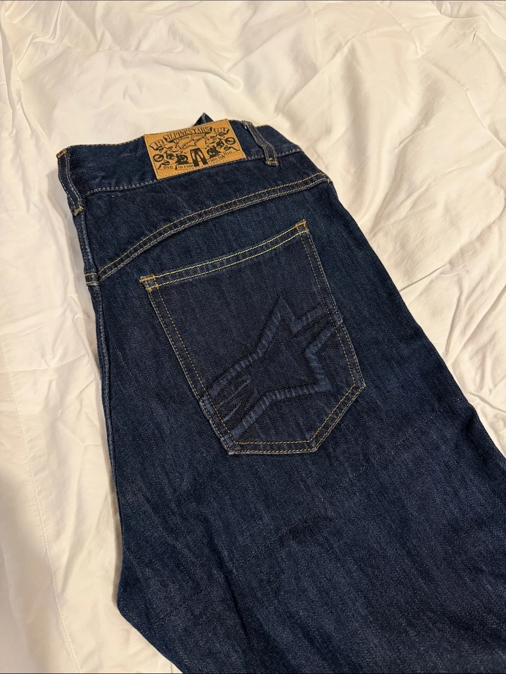 Alpinestars Men's Dark Blue Denim Jeans with Tan Leather Patch